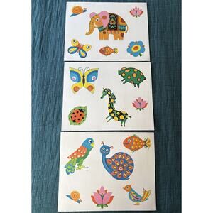 Vintage 1971 Donald Art Co Lithographs Folk Art Animals Prints Set of 3